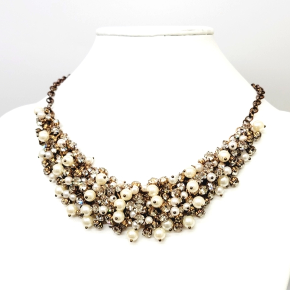 SOLD. Faux Pearl and Rhinestone Statement Necklace. 18". Excellent Condition.